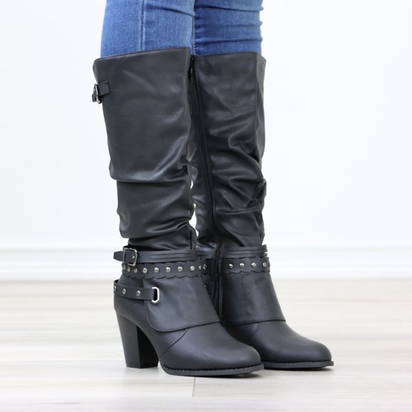 Motorcycle Heeled Boots For Rocker Biker Girls Below The Knee Black Faux Leather - Picture 2 of 14